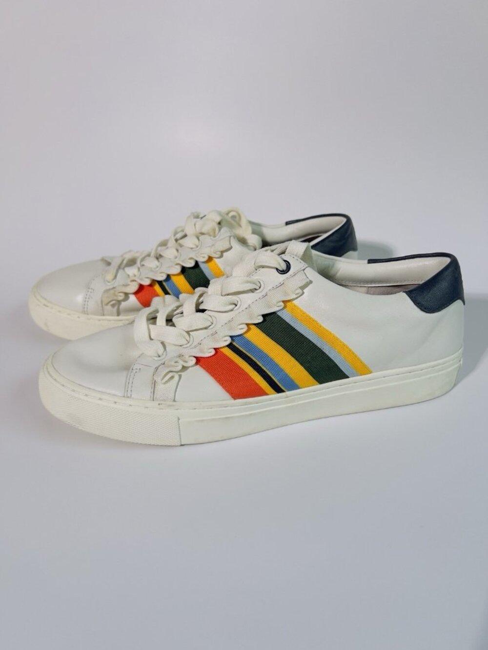 Tory Burch Ruffle Lace Rainbow Stripe Leather Sneakers White Size 8.5